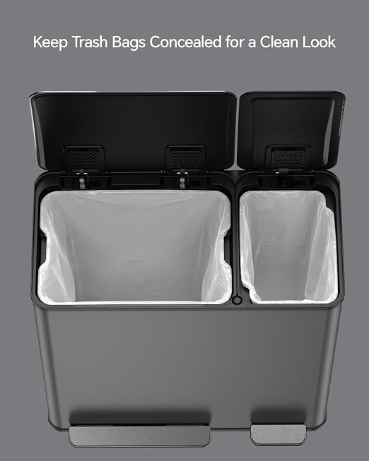 Lovewind Dual Trash and Recycling Bins for Kitchen, 13+6 Gallon Stainless Steel Garbage and Recycle Bin Combo for Large Families, Dual Trash Can with Soft Close Lid & Magnetic Stickers, Grey