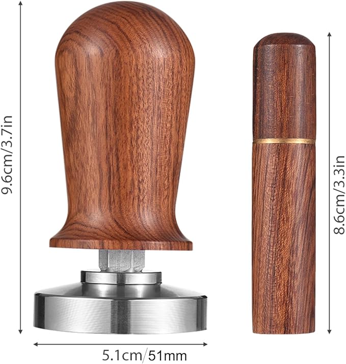 51mm Espresso Tamper & Stirrer Set Coffee Calibrated Tamper with Excellent Quality Spring Loaded Flat 304 Stainless Steel Base Barista Wooden Handle Press and WDT Tool for Espresso Machine Accessories