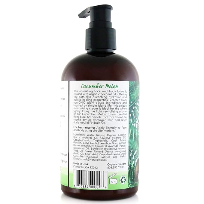 Coco Fiji Face & Body Lotion Infused With Coconut Oil | Lotion for Dry Skin | Moisturizer Face Cream & Massage Lotion for Women & Men | Cucumber Melon 12 oz, Pack of 1
