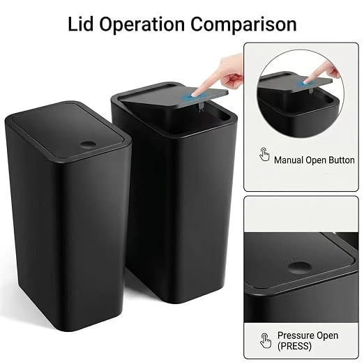 Compact Push-in Trash Can with Lid for Bathrooms, Kitchens, Living Rooms, Offices, Etc., Trash Can with Pop-Up Lid, 10 Liter/2.6 Gallon Slimline (Black)