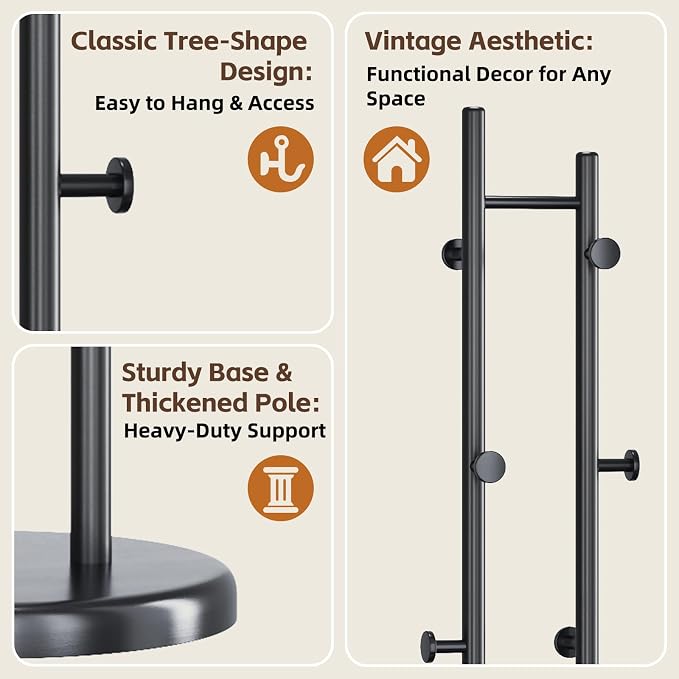 Uniclinens Wood Coat Rack Freestanding - Heavy Duty Freestanding Coat Rack, Wooden Coat Stand with 6 Hooks Creative Tree Branch-look for Entryway, Hallway, Bedroom (Black)