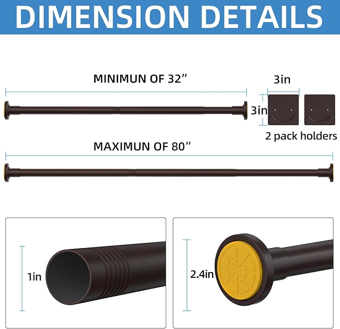 CorkLatta Matte Bronze Shower Curtain Rod,1 Inch Diameter Stainless Steel Adjustable Spring Tension Rods 32 to 80",with Holders,Anti-Slip,Curtain Rods No Drilling(1 Pack)
