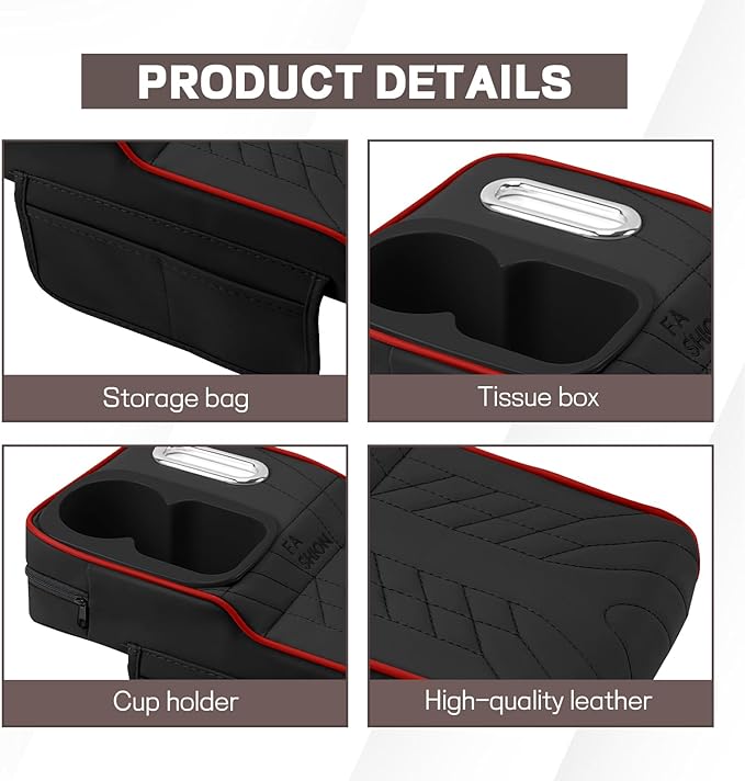 Car Center Console Armrest Pillow, 13.4"×7.5"×2" Leather Auto Arm Rest Cover with Pocket & Tissue Box & Cup Holder, Multifunctional Vehicle Armrest Cushion Pad, Car Accessories (Black+Red)
