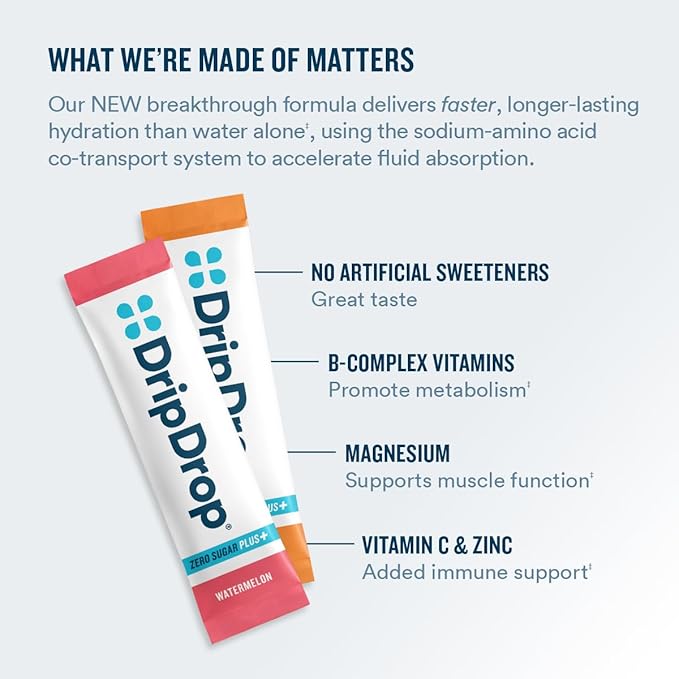 DripDrop Zero Sugar Plus - Sugar Free Hydration Packets- Single Serve Electrolytes Powder Drink Mix - Raspberry Lemonade, Watermelon, Tangerine, Tropical Punch - Non-GMO, Gluten Free, Vegan- 16 Sticks