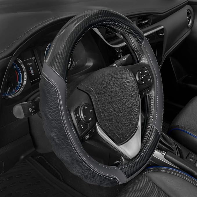 Motor Trend UltraSport Gray Carbon Fiber Steering Wheel Cover, Standard 15 inch Size, Black Faux Leather Comfort Grip, Car Steering Wheel Cover for Auto Truck Van SUV