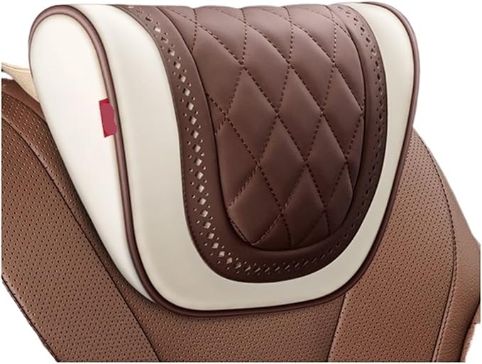 Car Headrest Neck Pillow Soft Leather Fit for Seat Back Support Lumbar Pillow Car Travel Rest Cushion Accessories(Beige Coffee-Neck1PC)