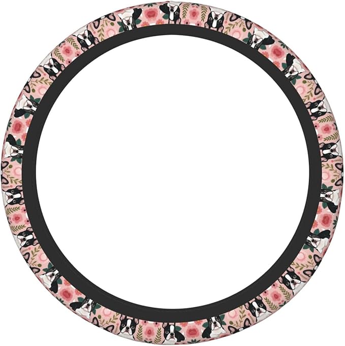 Boston Terrier Vintage Floral Universal Fit Steering Wheel Cover for Car, Truck, and SUV, Durable Steering Wheel Protection