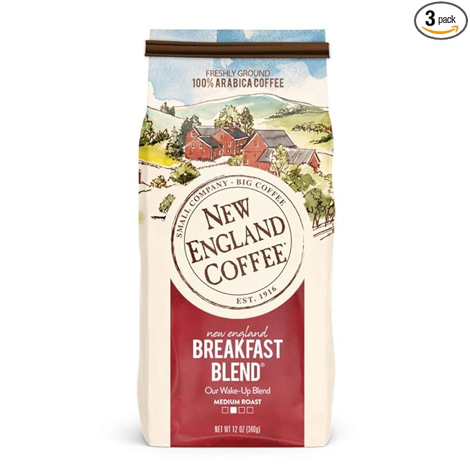New England Coffee Breakfast Blend Medium Roast Ground Coffee, 12oz Bag (Pack of 3)