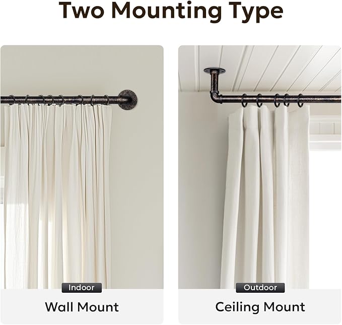 Zeerobee Curtain Rods for Windows 72 to 144, 1 Inch Industrial Wrap Around Vintage Bronze Curtain Rod, Indoor/Outdoor Room Divider Adjustable Drapery Pole, 72"-144"
