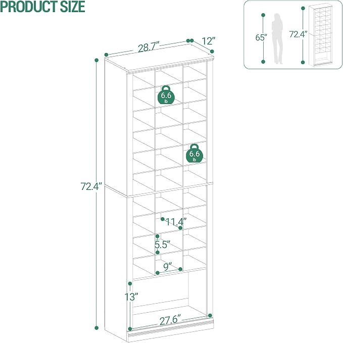 Hzuaneri 11 Tiers Shoe Storage Cabinet, Tall Shoes Cabinet with Cubby, Freestanding Wooden Shoe Organizer, 30-33 Pairs, Shoes Cubby Organizer for Entryway, Bedroom, White SR39303X
