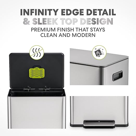 SIMPLI-Magic Infinity Edge 60L / 16 Gallon Kitchen Trash Can - Hands-Free Step Pedal, Soft-Close Lid, Stainless Steel Garbage Can with Inner Bucket