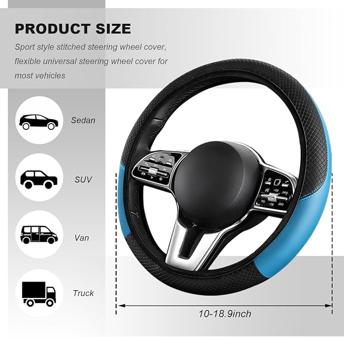 Car Steering Wheel Cover, 15 Inch Carbon Fiber Elastic Vehicle Steering Wheel Protector, Breathable Leather Auto Wheel Covers for Women Men, Interior Car Accessories (Black & Blue, AD)