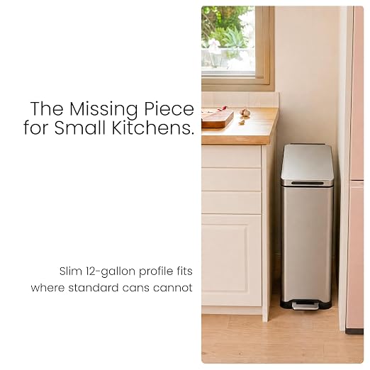 Home Zone Living 12 Gallon Kitchen Trash Can with Slim Fit Design | Stainless Steel with Soft-Close Step Pedal Lid, Bag Tuck Band for Easier Bag Changes, Rectangular Shape, Silver