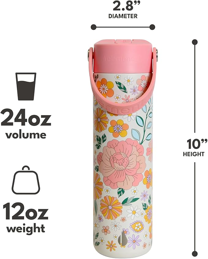Elemental 24oz Insulated Water Bottle with Straw - 100% Leak-Proof Stainless Steel Core Water Bottles for Travel, Sports and Gym - Double Wall Insulation & BPA Free - Blossom Luxe