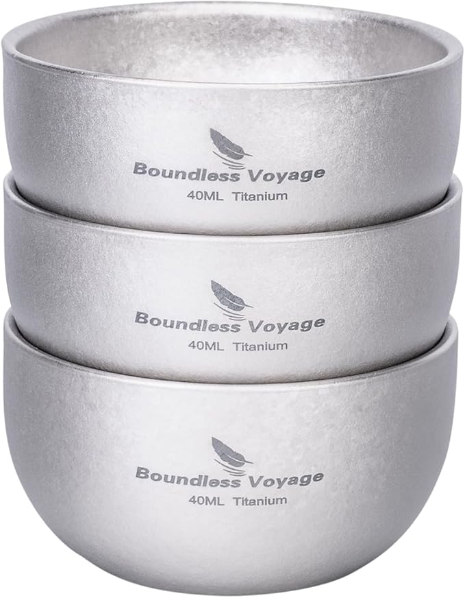 iBasingo Titanium Double Wall Mini Cups Small 40ml Tea Cups for Drinking, Whiskey, Espresso, Coating-Free, Dishwasher Safe Ti3204D (Silver * 3)