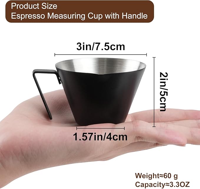 2Pcs Espresso Cups with Handle, WCHOSOZH 3.4OZ Espresso Accessories, Stainless Steel Spout Measuring Cup with Scale, Espresso Pouring Cup with V-Shaped Mouth (V-Deep Mouth - Black)
