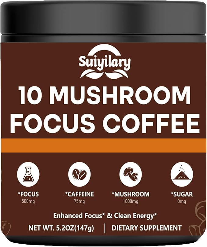 Mushroom Coffee with Focus, 10 Mushroom Extract Powder Blend Lion's Mane, Brain Supplements with Instant Coffee for Energy, Focus, Memory and Immunity 147g 21 Serving