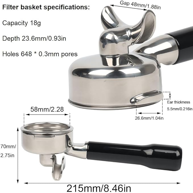 58mm Portafilter Double Spout Compatible with E61 Group Head, 2 ears 58mm Portafilter with Filter Basket and ABS Handle