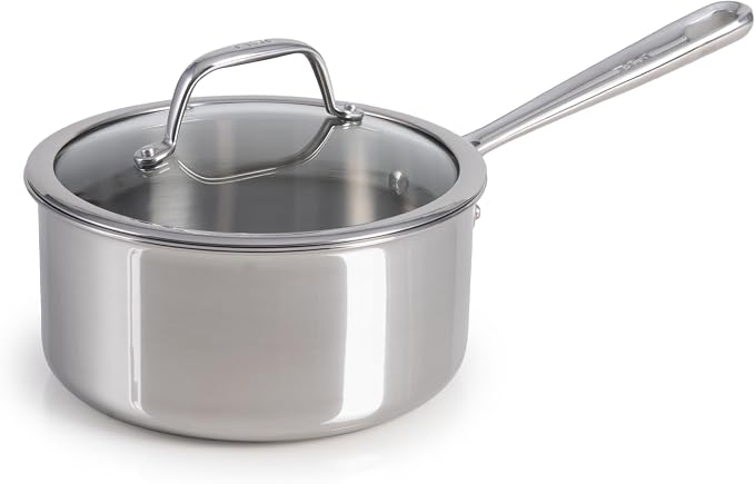 T-Fal Pro Tri-Ply Stainless Steel Sauce Pan with Lid, 2.3 Quart Saucepan with Lid, Induction Pot, Oven Safe 500F, Lid-350F, Fast & Even Heat, Professional Quality & Durability, Silver