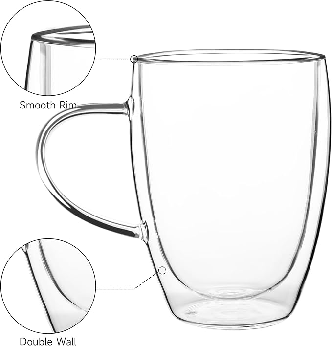 Aurzen Double Wall Glass Coffee Mug, 12oz Clear Latte Mug with Handles, Clear Cups for Tea, Beverages,Expresso, Juice, Milk Microwave Safe Set of 2