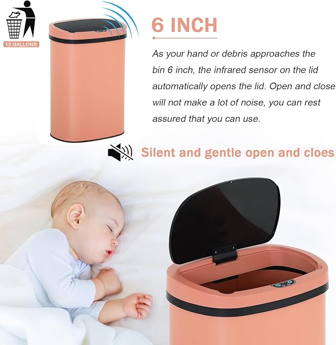 13 Gallon Stainless Steel Trash Can Automatic Trash Can Garbage Can Bathroom Garbage Can with Lid for Kitchen Living Room Office Bathroom, Electronic Motion Sensor Automatic, Pink