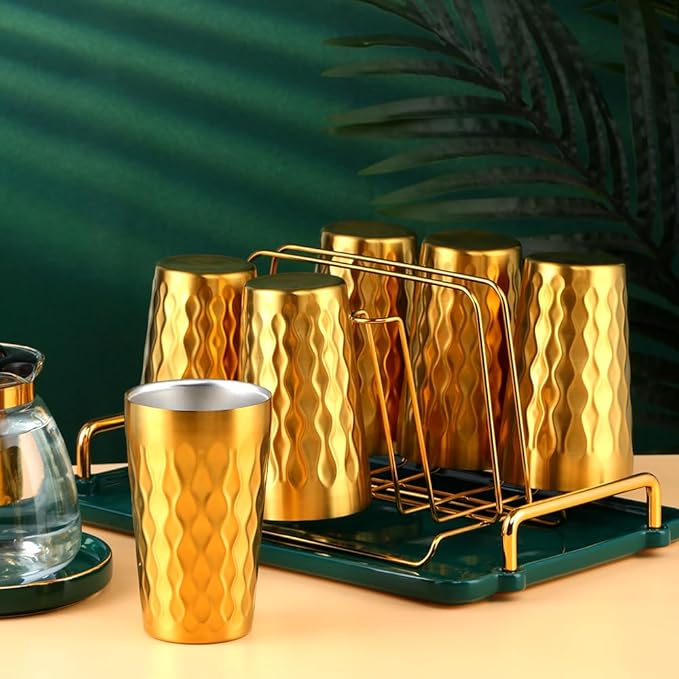 10oz Stainless Steel Cup Set, 6Pcs Double Wall Metal Cup，Vacuum Stackable Insulated Portable Drinking Tumblers Unbreakable Glasses，for Home Outdoor Restaurant(Gold)