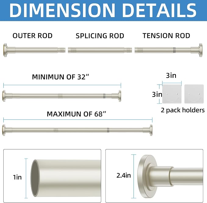 CorkLatta Nickel Shower Curtain Rod,1 Inch Diameter Stainless Steel Adjustable Spring Tension Rods 32 to 68",with Holders,Anti-Slip,Curtain Rods No Drilling(1 Pack)
