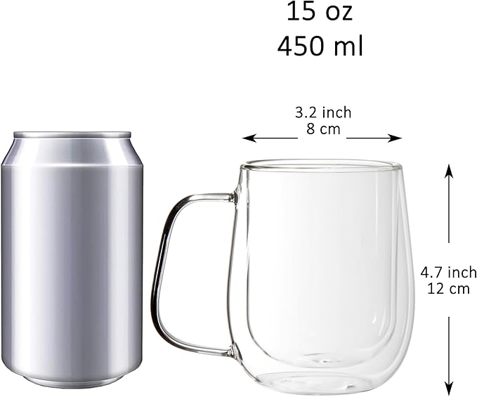 Youngever 2 Pack Glass Coffee Cups, Double Wall Thermo Insulated Coffee Cups, Glass Coffee Mugs with Handle (15 Ounce)