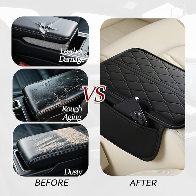 HZEL Car Center Console Cover, Scratch & Wear Resistant Soft Leather Vehicle Armrest Seat Box Cushion Pad with 2 Storage Bag, Waterproof Automotive Interior Protector, Universal Fit (Black)