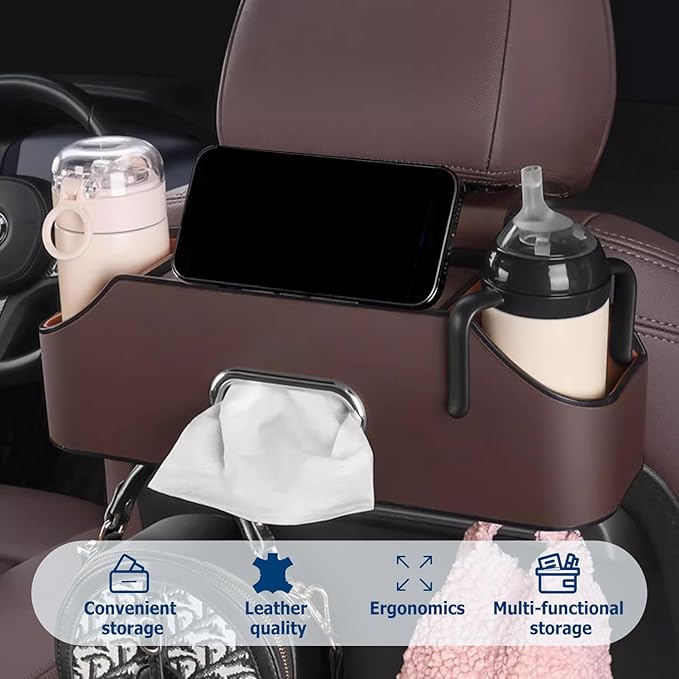 Multifunctional Car Back Seat Storage Organize, 2026 Upgrade 3-in-1 Car Backseat Organizer with Cup Holder, Tissue Box, Trash Bin & Hooks, for Hold Phones, Snacks, Drinks, and Handbags (Brown)
