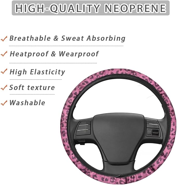 Universal Non-Slip Steering Wheel Cover, 15-inch Polyester Material Driving Accessories, Adjustable for Car and Truck(Rose Pink Leopard)