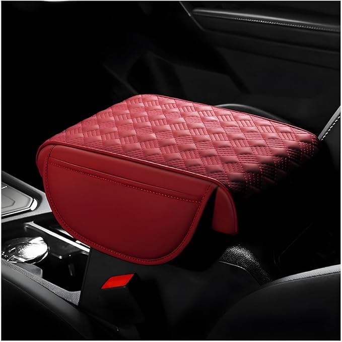 Car Armrest Cushion, 12.6"×8.7" Waterproof Leather Center Console Cover with Pocket, Auto Comfortable Memory Foam Middle Console Elbow Pillow Cushion Pad, Car Accessories (Red)