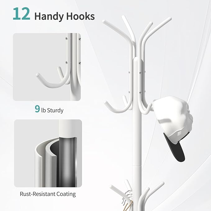 Coat Rack with Umbrella Holder, White Metal Coat Rack Stand with 12 Hooks, for Entryway, Hallway, Living Room, Bedroom