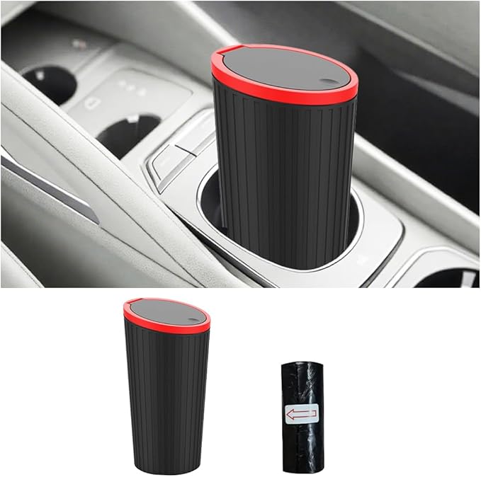 Car Trash Can with Lid, Mini Leakproof Cup Holder Vehicle Garbage Bin with 15PCS Rubbish Bags, Automotive Front Back Seat Dustbin Organizer, Universal for SUV Sedan Truck (Red)
