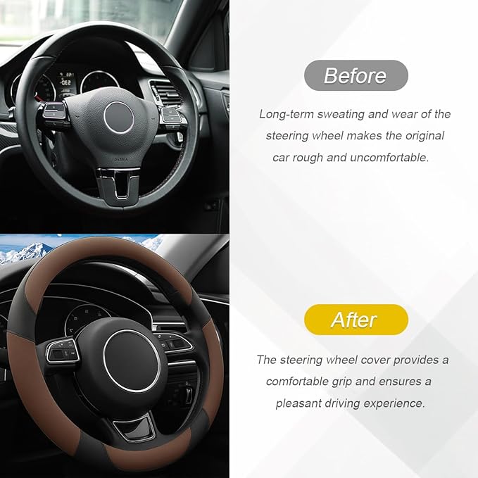 HZEL Car Steering Wheel Cover, 15 Inch PU Leather Breathable Anti-Slip Vehicle Steering Wheel Protecter with Inner Ring, Automotive Interior Accessories, Universal for SUV Sedan Truck (Coffee)
