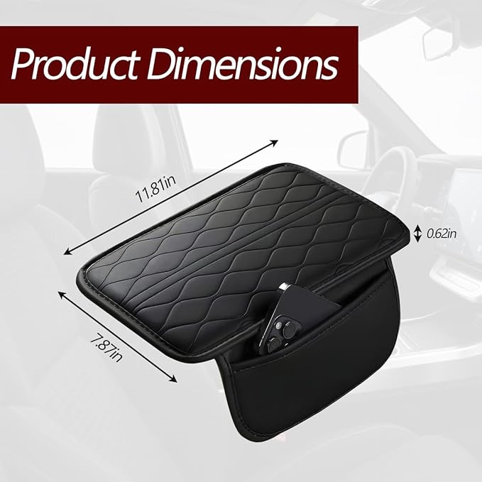 HZEL Car Center Console Cover, Scratch & Wear Resistant Soft Leather Vehicle Armrest Seat Box Cushion Pad with 2 Storage Bag, Waterproof Automotive Interior Protector, Universal Fit (Black)