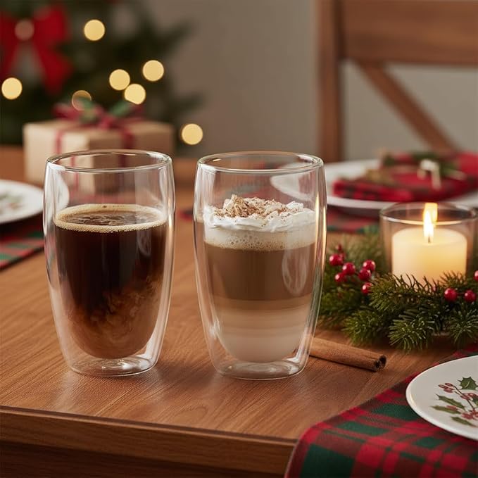 Double Wall Glass Coffee Mugs Set of 2, 15oz/440ml Insulated Glass Mugs for Hot Beverages, Large Clear Coffee Cups for Espresso, Tea, Latte, Cappuccino