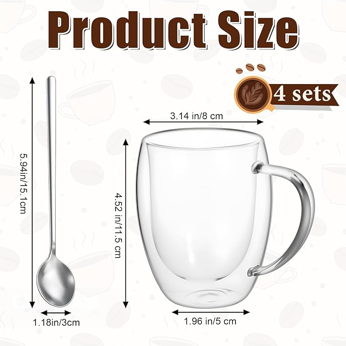 4 Pack Double Wall Glass Coffee Mugs 12 Oz Clear Coffee Mugs with Handle Insulated Cups Glass Mug Heat Resistant Tea Cups for Tea Bag Hot Cold Drink