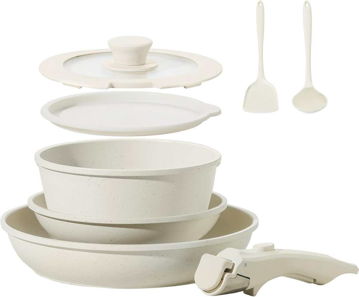 8pcs Ceramic Pots and Pans Set, Non Stick Cookware Set, Detachable Handle Cookware, Induction Kitchen Cooking Set with Removable Handle,Oven Safe, Induction Fast, Stackable Cookware Set