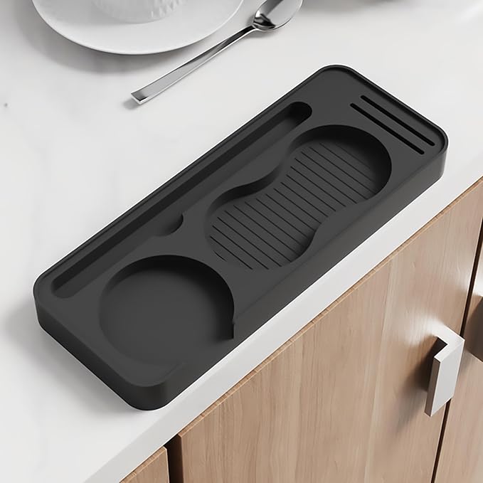 Espresso Tamping Mat, Espresso Tamper Mat, Coffee Tamper Mat for Countertop, Non-Slip Heat Resistant Silicone Portafilter Mat for Distributor, Brush & Puck Screen, Dishwasher Safe (Black, 9.5"×3.7")
