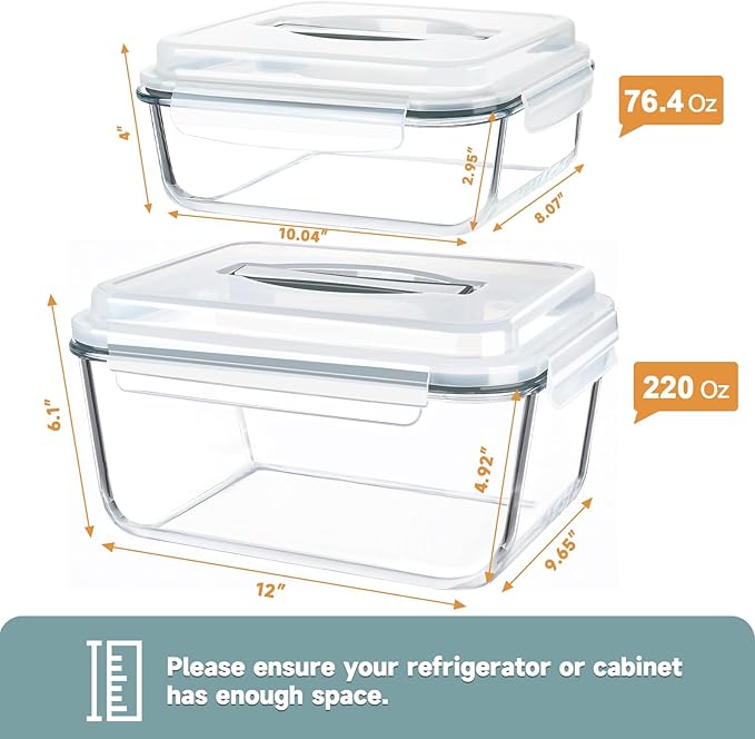 KOMUEE 2 Pack 220oz+76.4oz Extra Large Glass Food Storage Containers Set with Airtight Lids, Big Glass Meal Prep Containers, Ideal for Storing Rotisserie Chicken, Lasagna,Salads, Leak-proof & BPA-Free