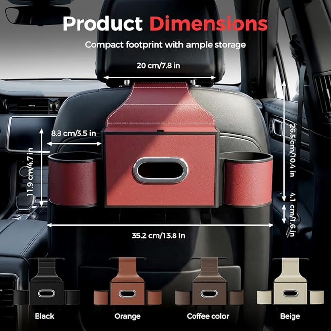 3-in-1 Car Backseat Organizer with Cup Holder, Tissue Box, Trash Bin & Hooks,Multifunctional Back Seat Car Organizer for Hold Phones,Snacks,Drinks,and Handbags (A-Orange)