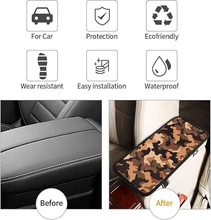 Camouflage Car Center Console Cover Brown Camo Universal Waterproof Armrest Seat Box Cushion Protector, Comfortable Car Decor Accessories Fit for Most Cars, Vehicles, SUVs