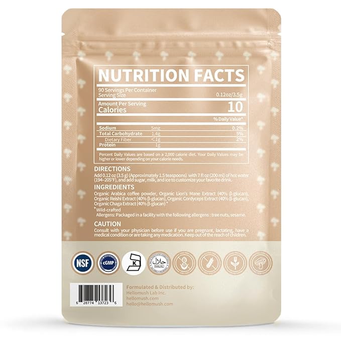 Hellomush Organic Instant Mushroom Coffee with Lions Mane, Reishi, Chaga and Cordyceps Coffee 30 Servings 3.7 oz