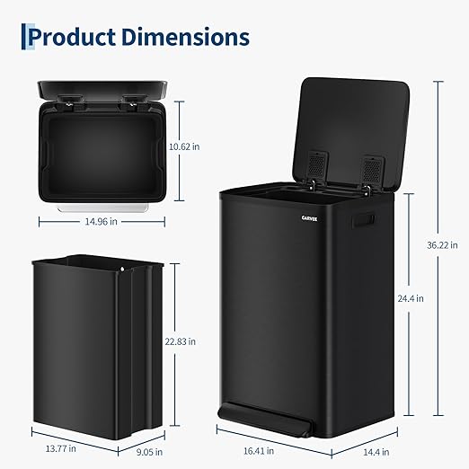 13 Gallon Trash Can Kitchen Garbage Bin with Removable Inner Buckets 50L Stainless Steel Step-on Metal Large Waste Cans with Soft Close Lid Black