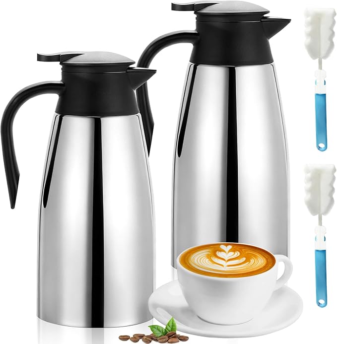 2 PCS 68 OZ Thermal Coffee Carafe Stainless Steel Creamer Pitcher Double Walled Vacuum Insulated Pitcher Thermal Hot Pot Flask with Brushes for Keeping Hot Coffee Tea