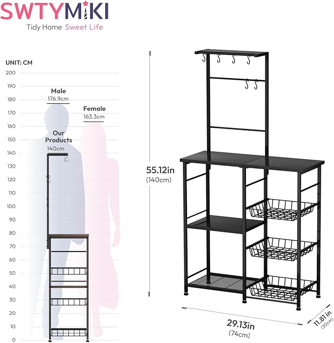 SWTYMIKI Bakers Rack with Storage - Coffee Bar Cabinet with Shelves, Coffee Station Organizer and Kitchen Stand with 8 Hooks, Baskets, Adjustable Feet for Kitchen Dining Room Pantry, Black