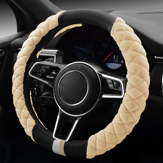 Cxtiy Universal Car Steering Wheel Cover Fluffy Winter Plush Steering Wheel Cover (A-Beige)