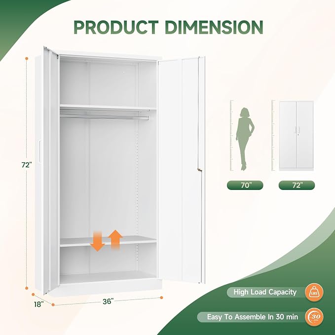 Letaya Metal Wardrobe Cabinets with Lock,Clothing Locker 72" X 36" X 18" Storage Cabinets for Home Room,Fire Department, School, Employee,Gym,Government (White)
