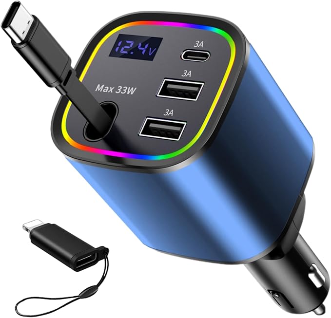 Retractable Car Charger, 4 in 1 Fast Car Charger 78W, with Type C, 2 USB-A Ports and 1 USB-C Port for Fast Charging, Compatible with iPhone 16/15/14/13/12/11, Galaxy, Pixel (Blue)